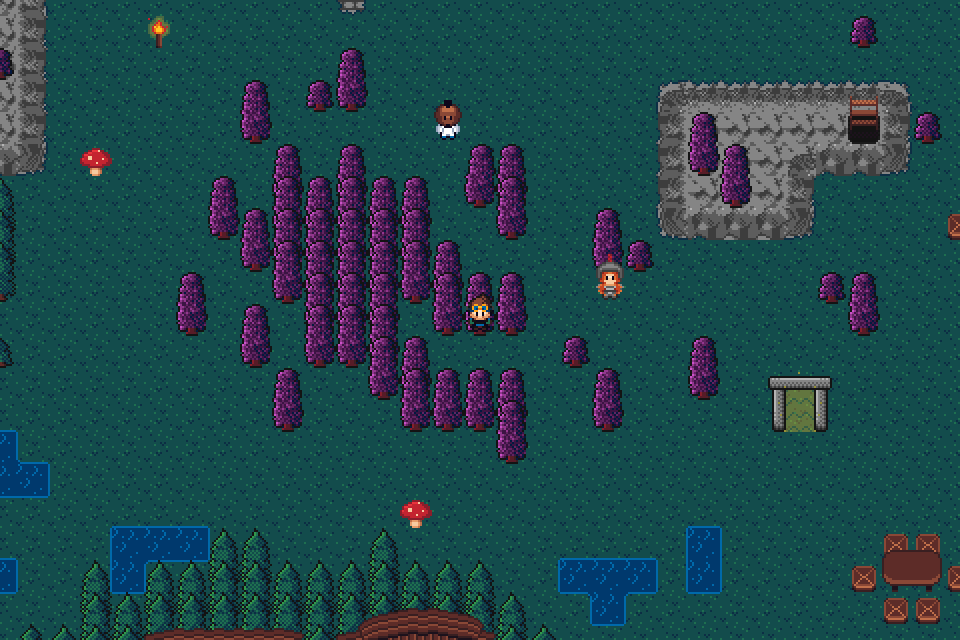 SneakBit duskwood biome with purple trees and ruins