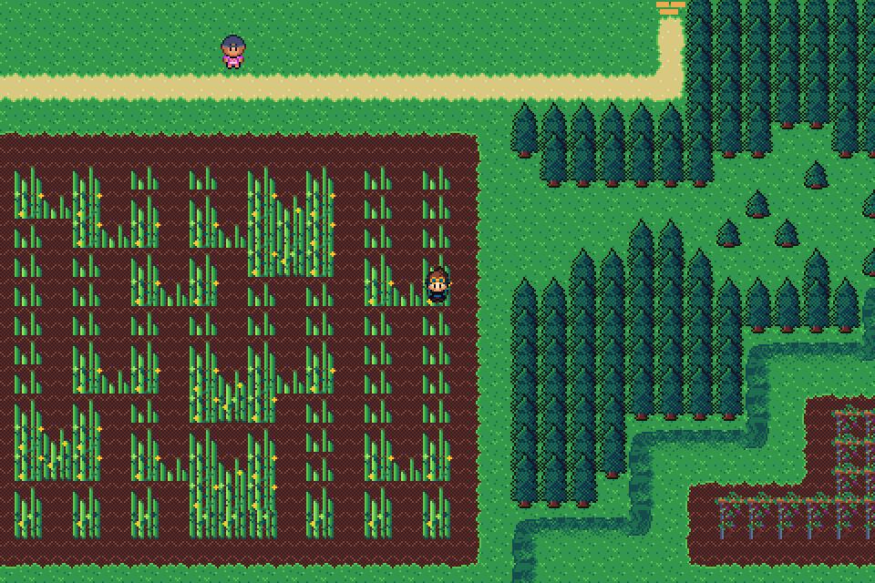 SneakBit farmland biome with crops and forest
