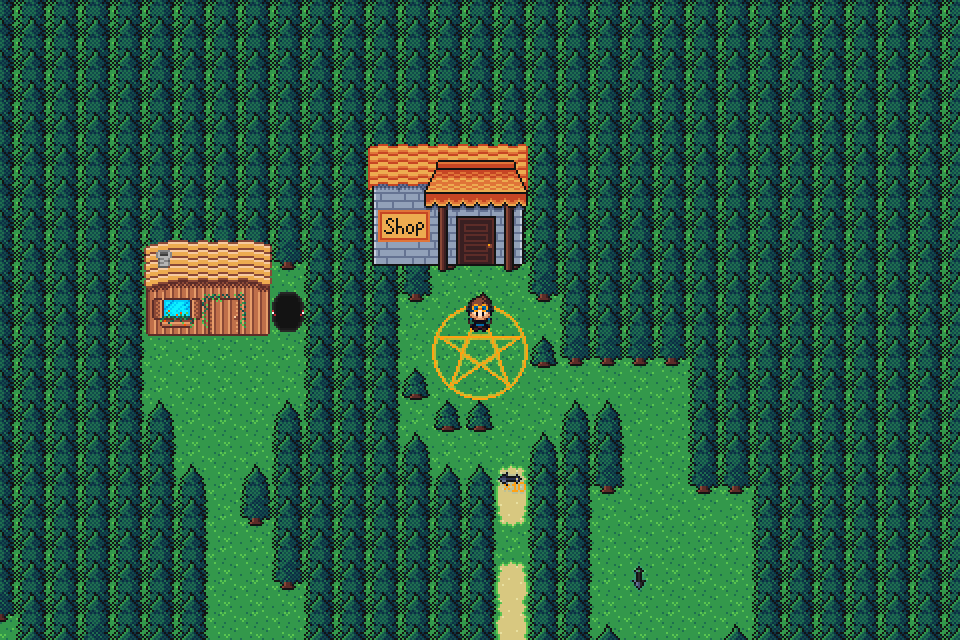 SneakBit gameplay: a hero standing in a summoning circle beside a forest shop